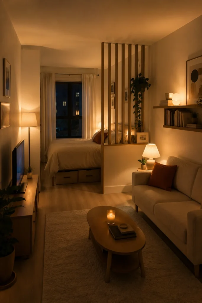 Warm studio apartment with vertical wood slats separating the bed from the sofa while keeping the room open.