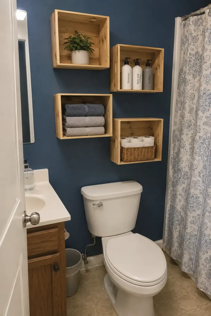 Staggered wooden box shelves above a toilet holding folded towels, toiletries and basket of toilet paper