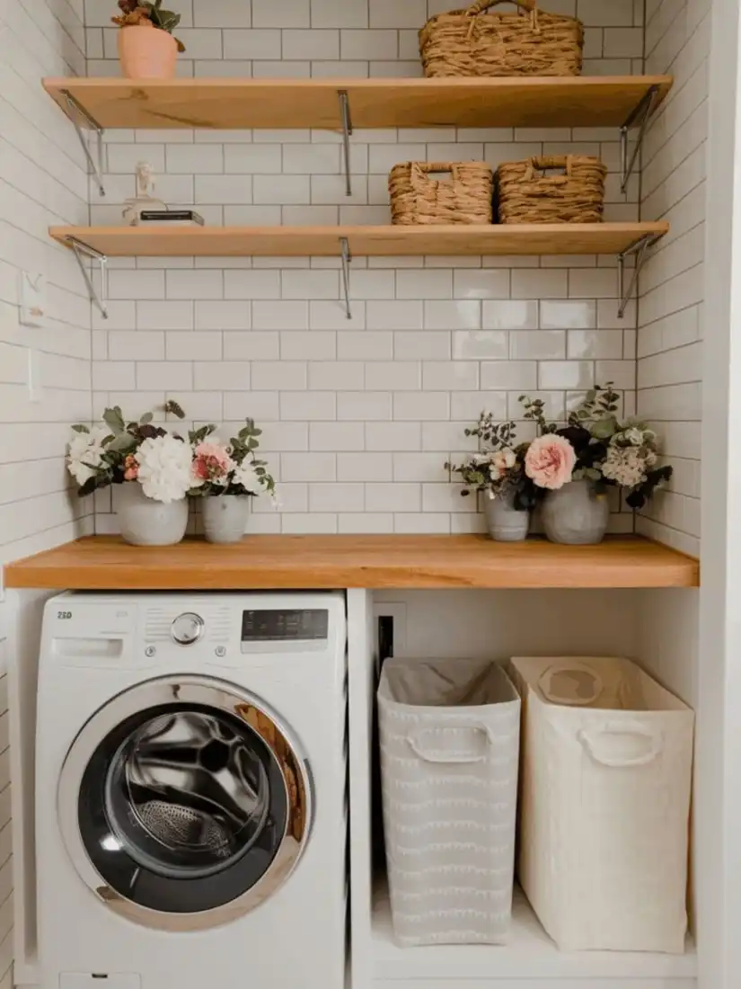 Small laundry nook with front-loading washer, two sorting hampers, thick wood folding counter, open shelves, woven baskets, and white subway tile walls.
