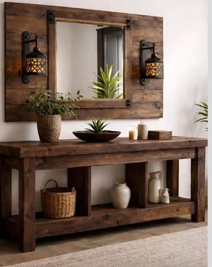 Chunky rustic wood entryway console with a wood-framed mirror, black lantern sconces, greenery, candles, woven basket, and simple pottery.