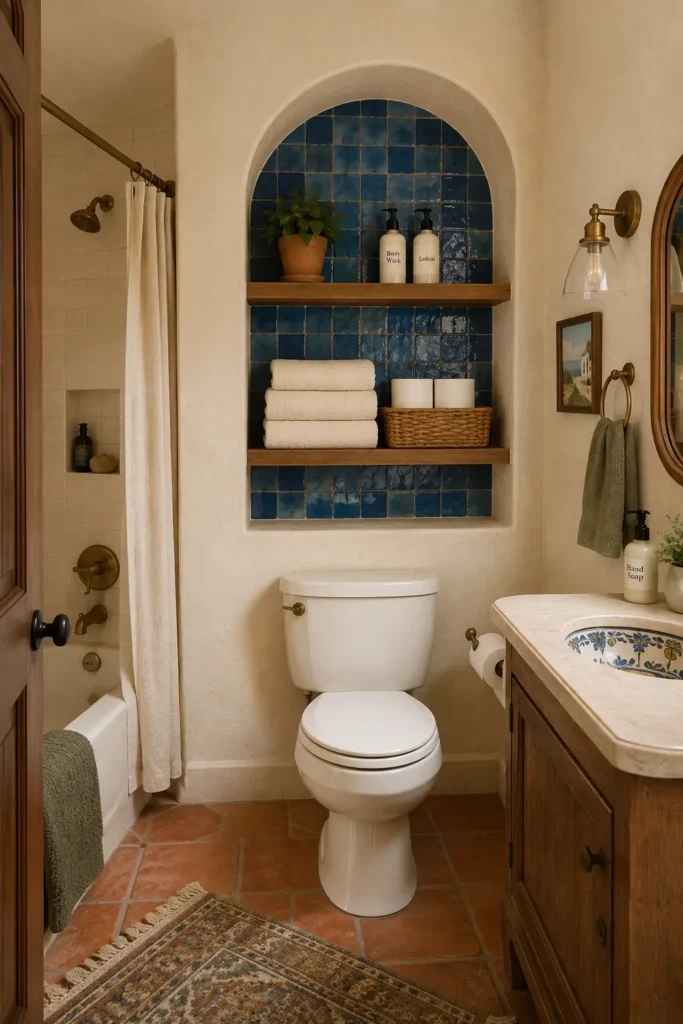 Arched blue tile niche above a toilet with wood shelves for towels, toilet paper and bathroom bottles