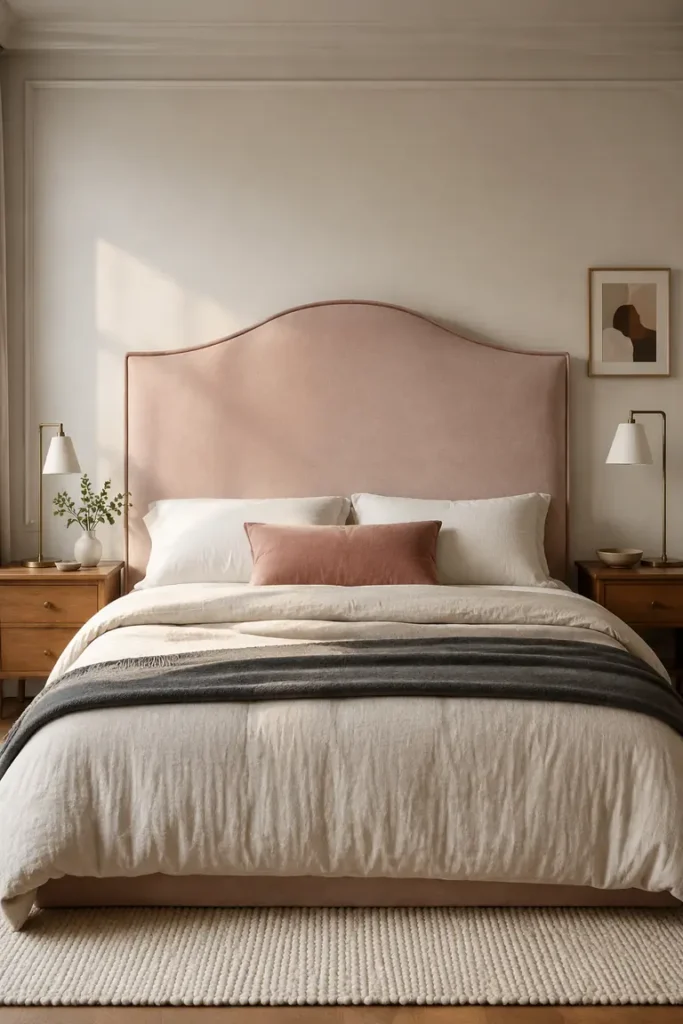 Blush upholstered headboard as the focal point of a softly styled bedroom.