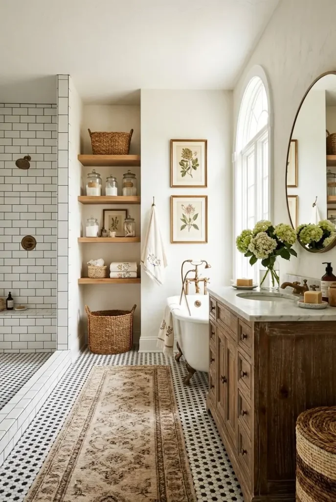 Built-in bathroom shelves with woven baskets, glass storage jars, folded towels, framed art, and warm wood accents.