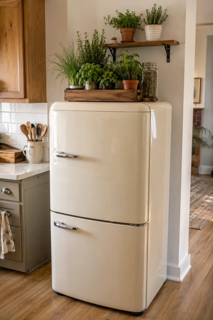 Pale blue refrigerator topped with a tray of potted herbs beneath a wooden wall shelf with more greenery.