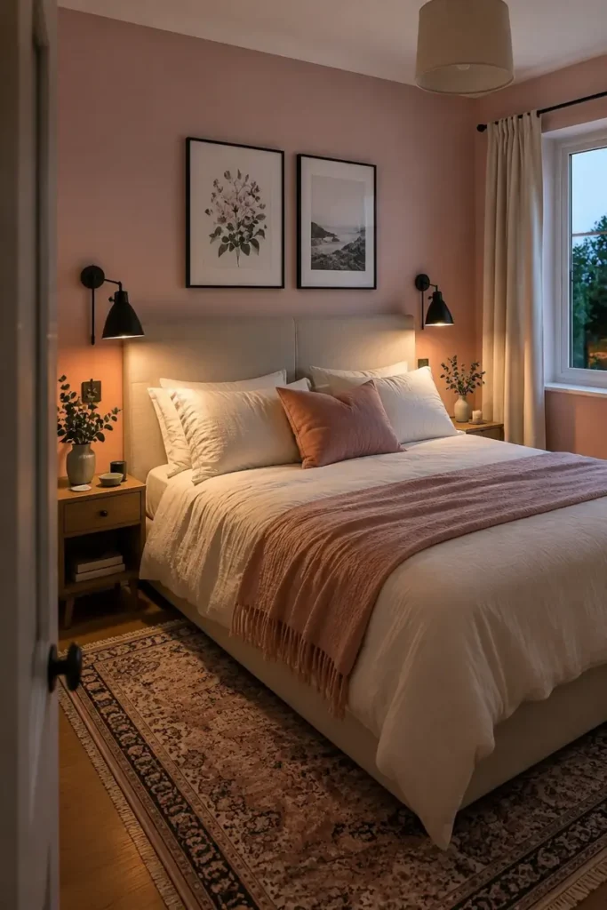 Dusty pink bedroom with matte black wall lights, framed artwork, dark tables, and soft rose bedding.