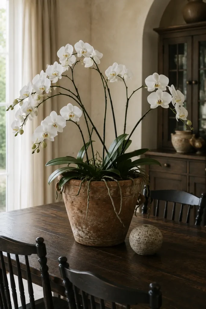 White orchids arranged in a large aged terracotta pot with a small stone ornament beside it.