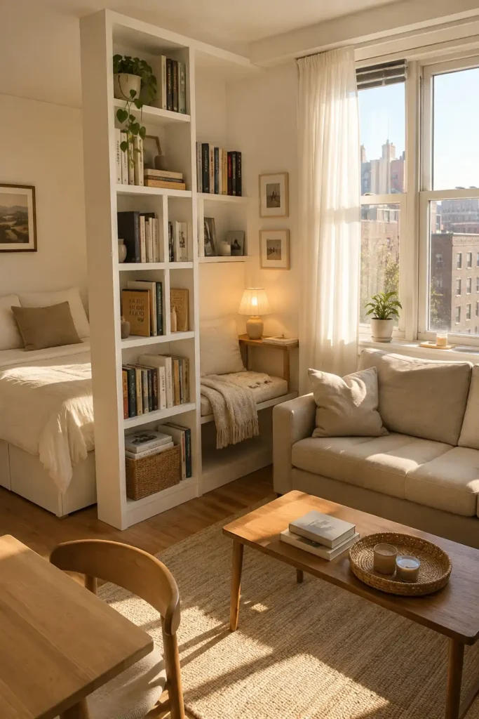 Studio apartment with a tall bookshelf divider and a small reading nook tucked between the bed and living area.
