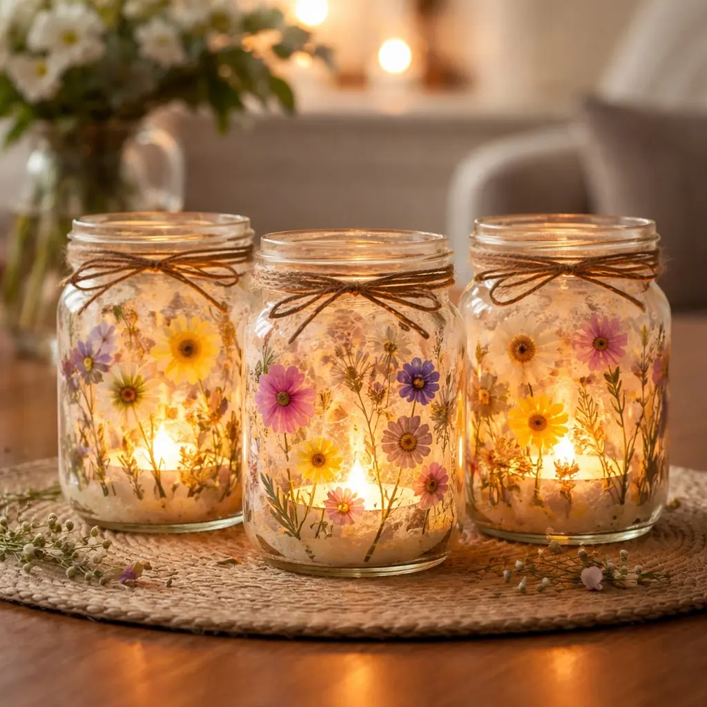 Glowing mason jars decorated with tiny pressed colorful flowers and simple twine bows