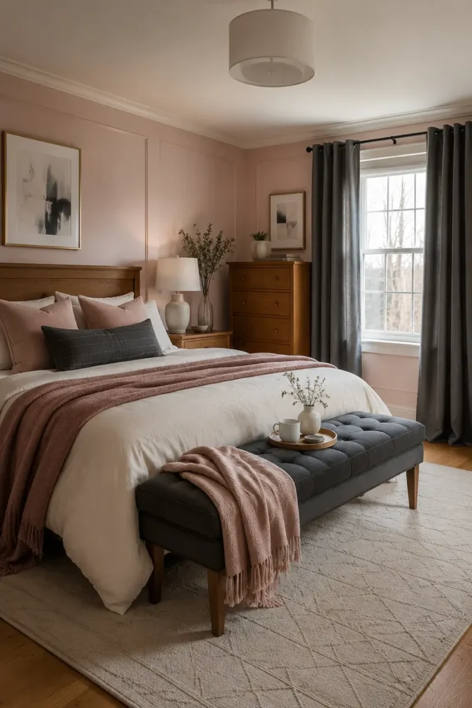 Blush walls balanced by charcoal curtains, a dark wood armoire, gray accents, and a rose throw.