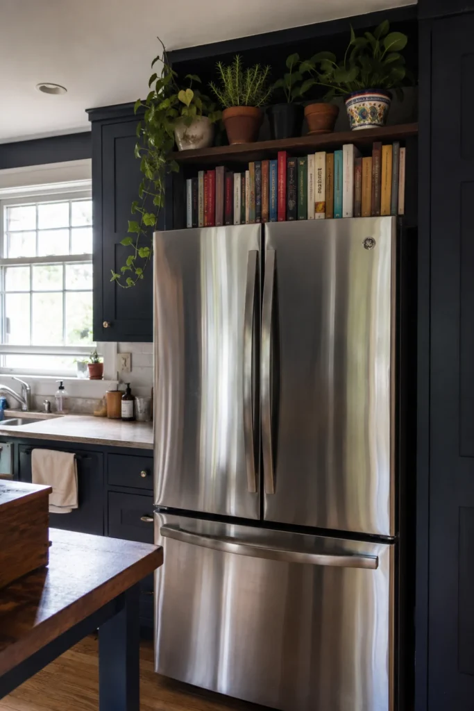 Stainless steel refrigerator in dark cabinetry with cookbooks stored above and a wooden shelf filled with potted plants.