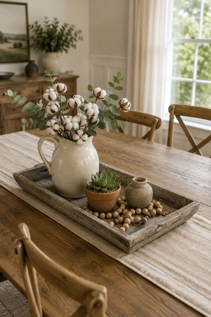 Rustic tray with a cream pitcher of cotton stems, potted succulent, stone vase, and wooden beads.