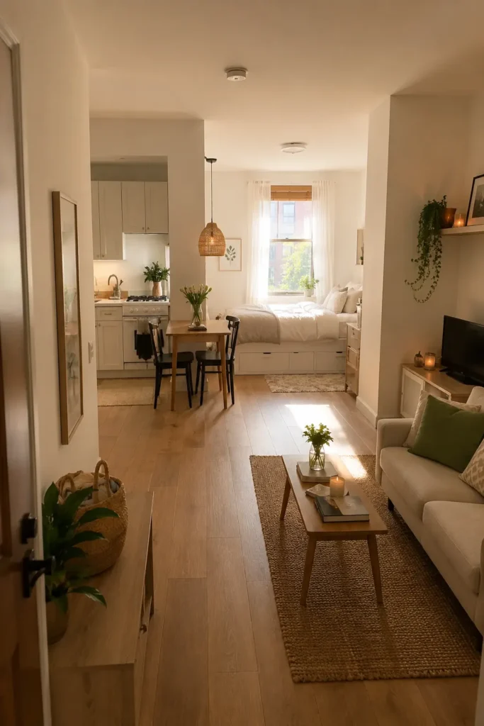 Long studio apartment arranged in clear living, dining, kitchen, and sleeping zones with an open central walkway.
