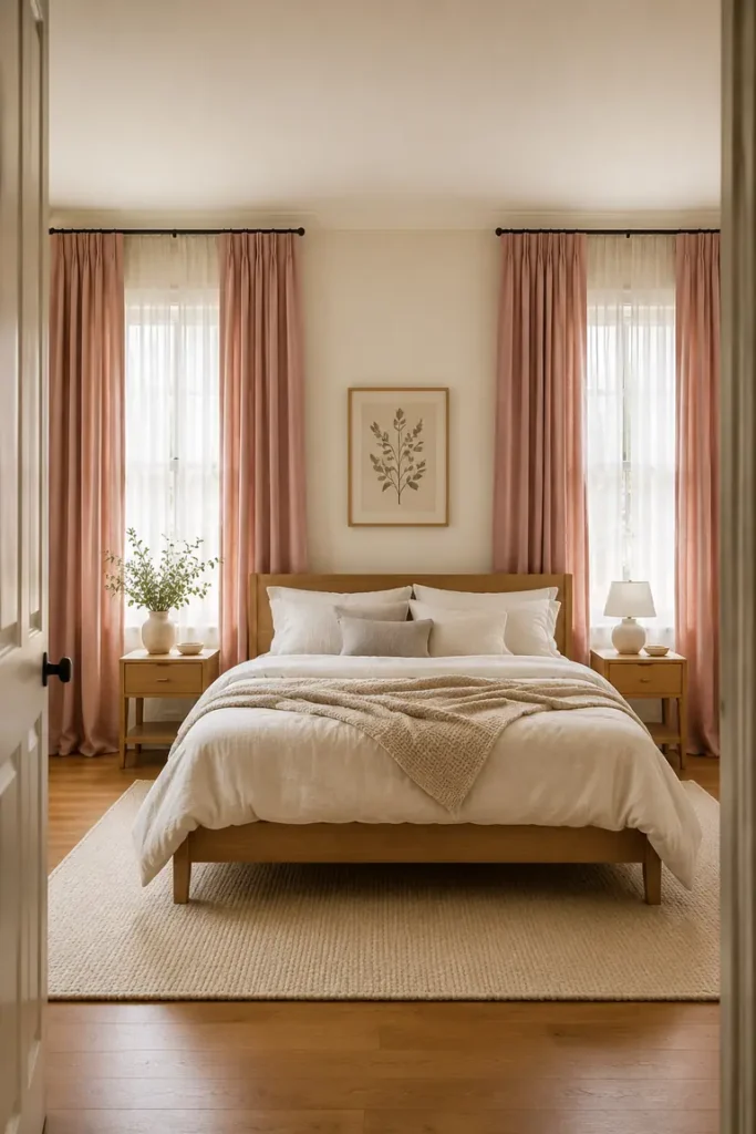 Rose pink curtains framing a bright bedroom window beside the bed.