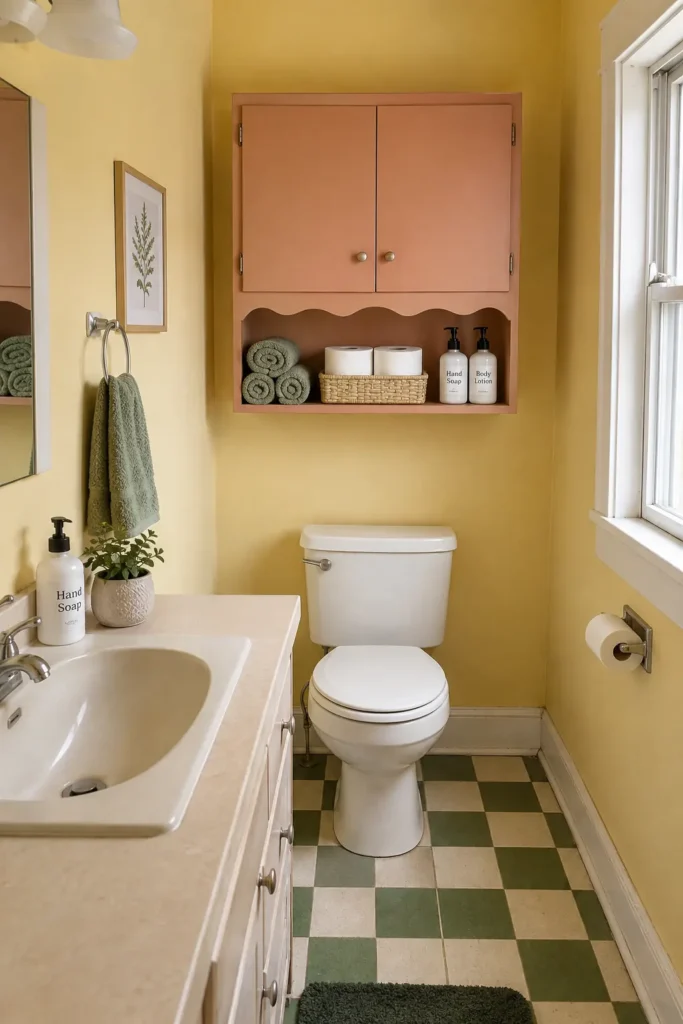 Peach scalloped wall cabinet above a toilet with hidden storage and open shelf for towels and toilet paper