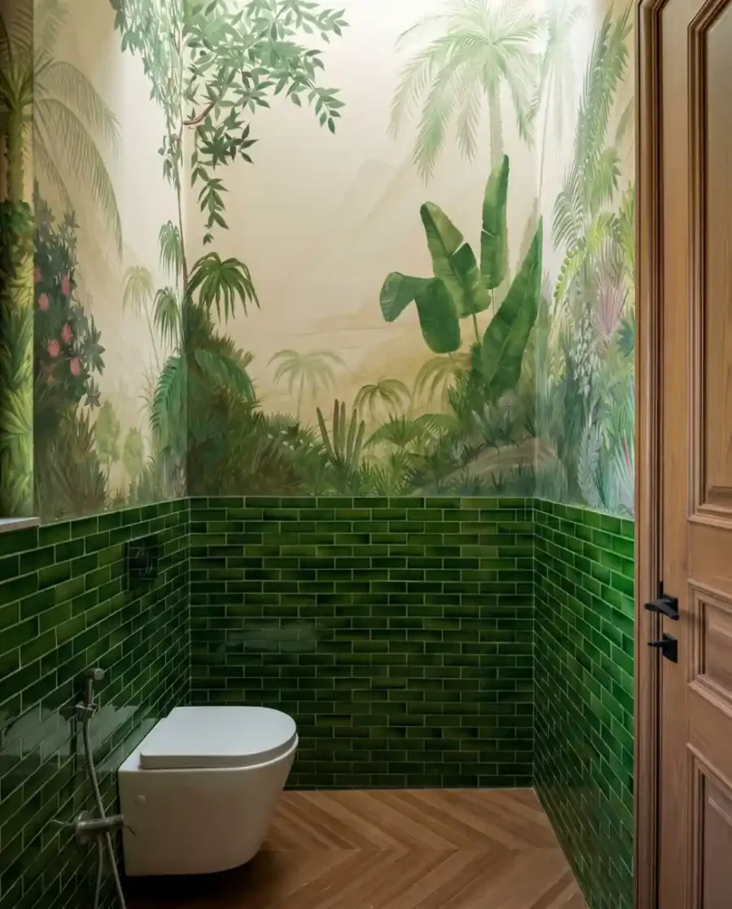 Small powder room with a tropical jungle mural above dark green subway tiles and warm herringbone wood flooring.