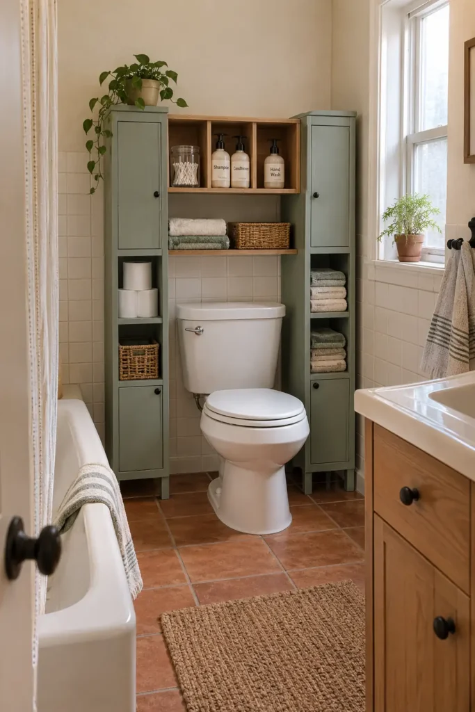 Sage storage towers surrounding a toilet with open shelves, cabinets, towels, baskets and bathroom essentials
