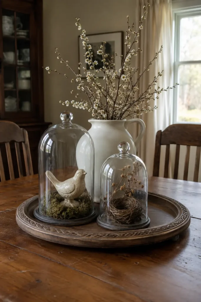 Carved wooden tray with glass cloches covering a ceramic bird and nest beside a pitcher of blossom branches.