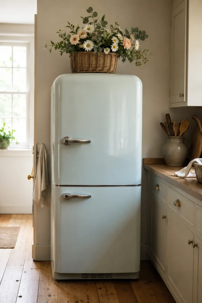Pale blue refrigerator topped with a wide woven basket overflowing with white and peach flowers and leafy greenery.