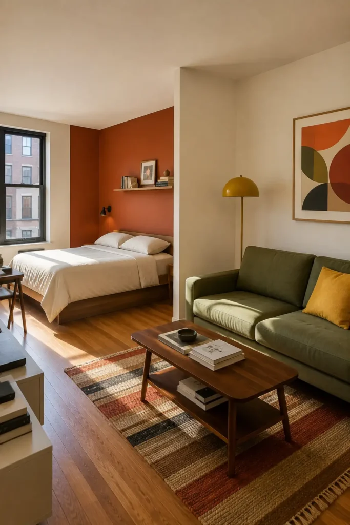 Colorful studio apartment with a rust accent wall defining the sleeping zone beside a deep green sofa.