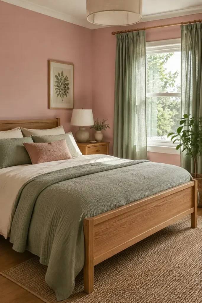 Powder pink walls with sage green bedding and curtains, paired with a warm oak bed frame.