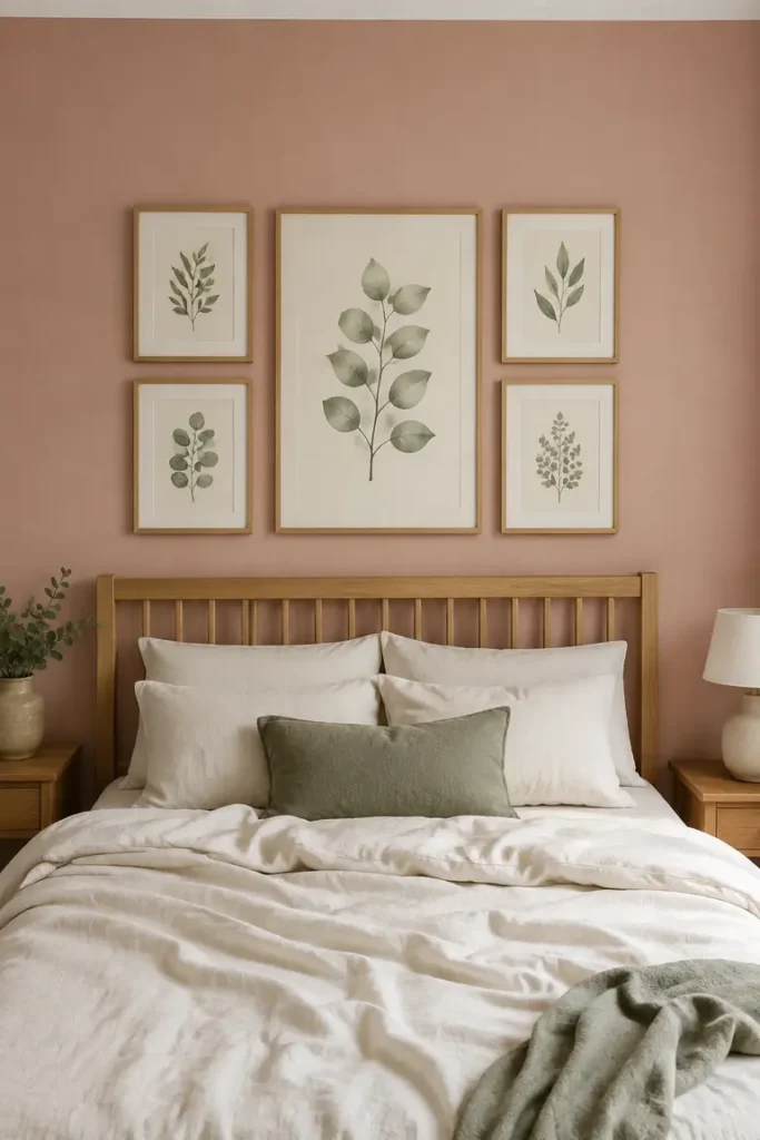 Botanical prints displayed above a wooden headboard in a rose pink bedroom.