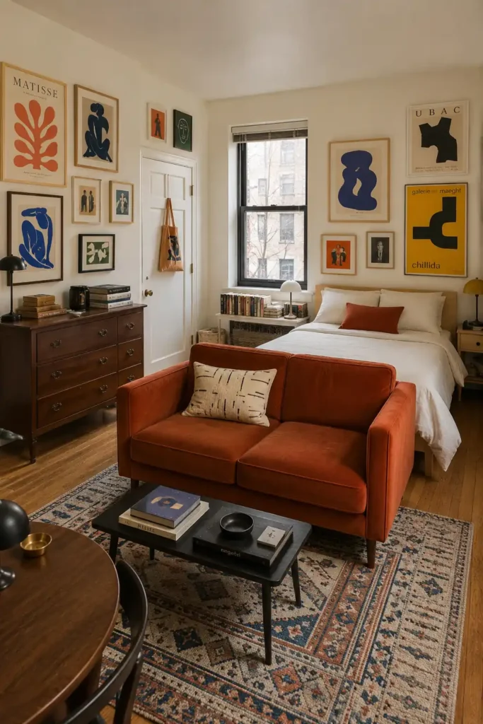 Studio apartment with a rust colored sofa placed at the foot of the bed to divide sleeping and living areas.
