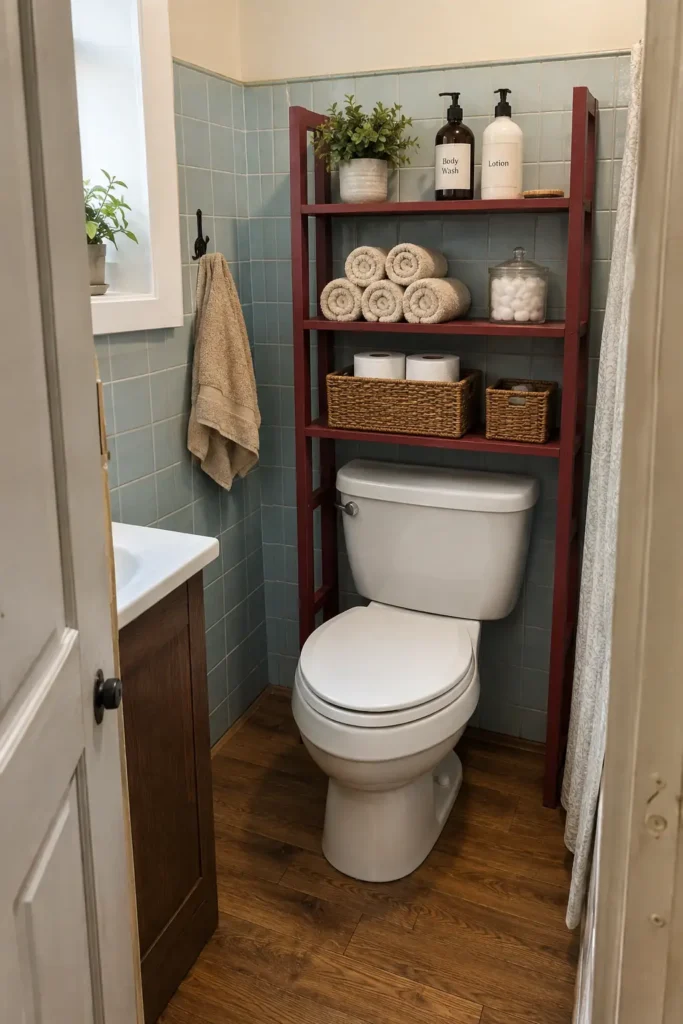 Burgundy freestanding rack over a toilet with rolled towels, woven baskets, toiletries and spare toilet paper