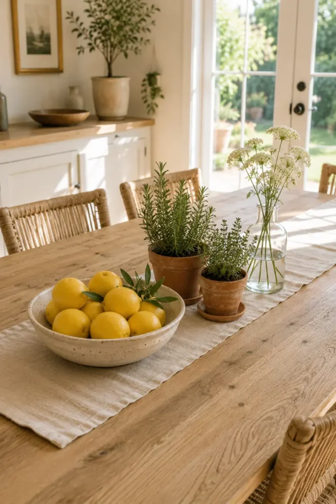Bowl of lemons with two potted herbs and white flowers in a clear bottle on a cream table runner.