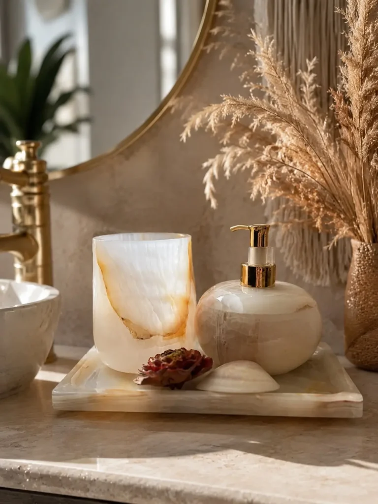 Square cream stone-look tray with a matching tumbler, round soap dispenser, soap dish and dried flower accent.