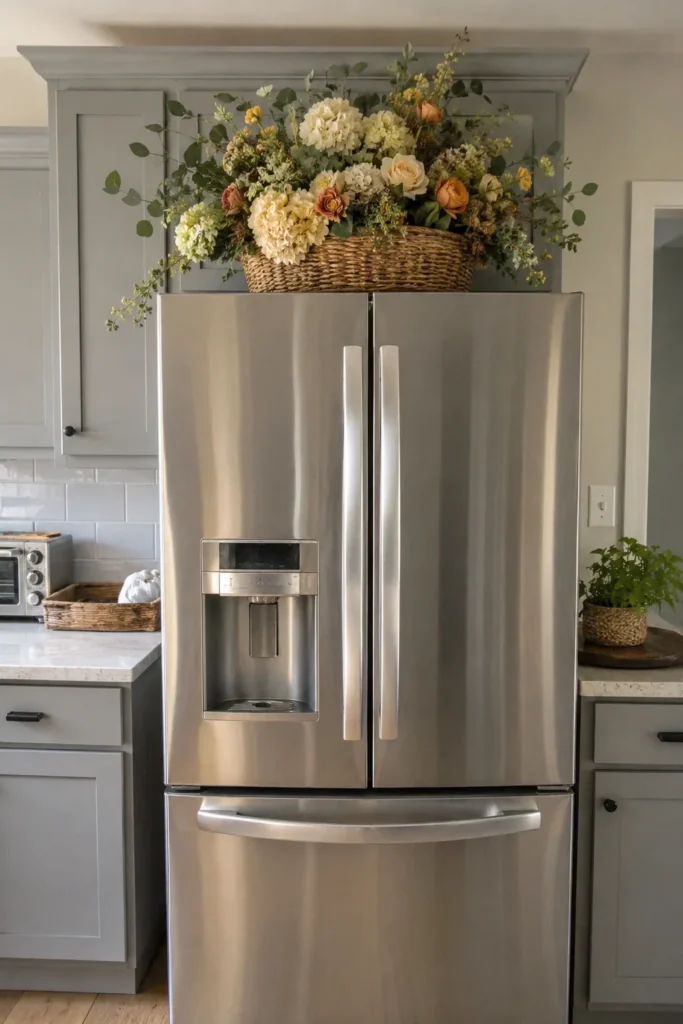 Stainless steel refrigerator topped with a large woven basket filled with cream, peach, yellow flowers, and loose greenery.