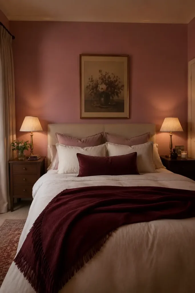 Rose pink walls paired with deep burgundy bedding, cream linens, and dark wooden bedside tables.