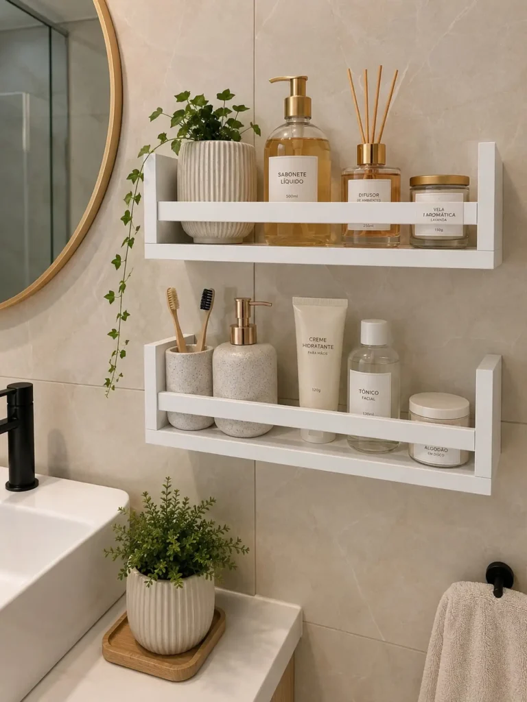 White bathroom rail shelves with amber bottles, gold accents, reed diffuser, skincare items, cotton storage, and trailing greenery.