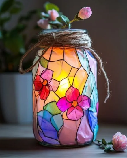 Colorful stained glass style floral mason jar glowing with warm light and finished with twine