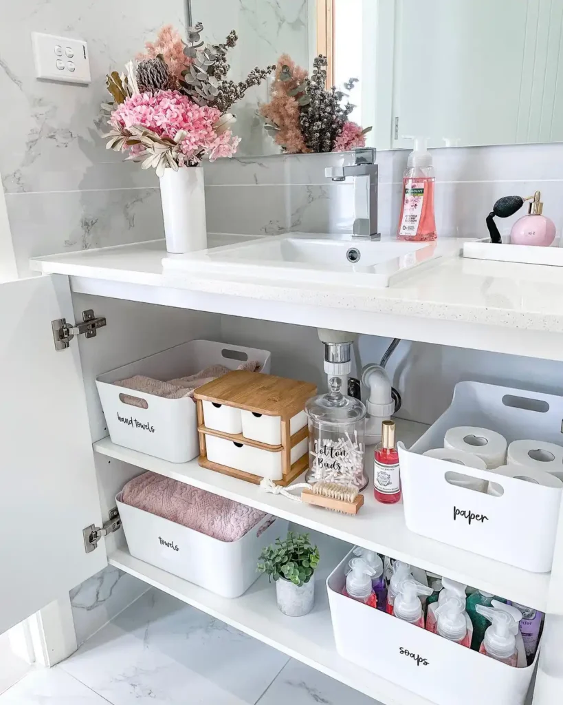 Organized under sink cabinet with labeled bins for towels, toilet paper, soap, small drawers, and bathroom essentials.