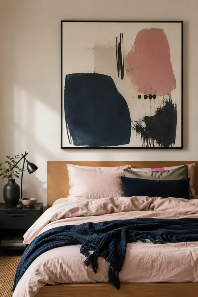 Abstract pink and navy artwork above a bed with dark accent furniture.