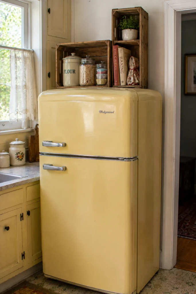 Yellow retro refrigerator topped with wooden crates storing flour, baking ingredients, cookbooks, and a small potted plant.