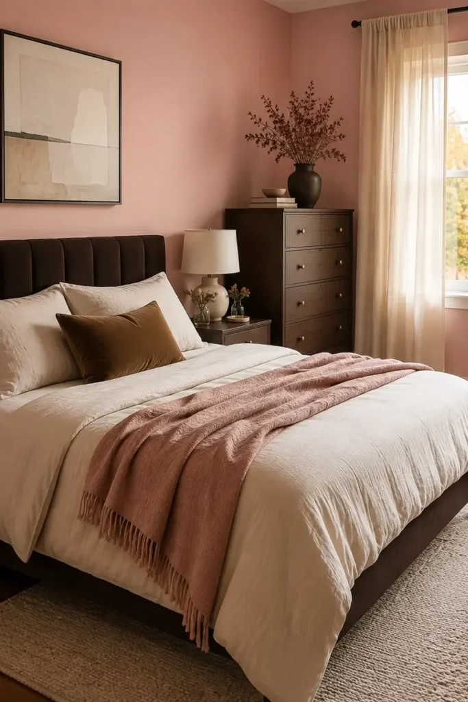 Blush walls with a chocolate brown headboard, dark wood furniture, brown cushions, and a rose throw.