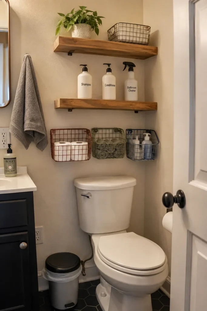 Wood floating shelves and colorful wire baskets above a toilet organizing toiletries, towels and toilet paper