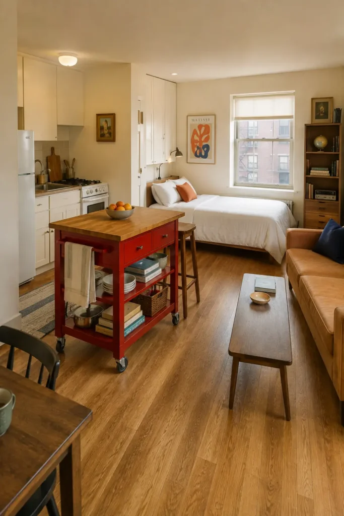 Small studio apartment with a red rolling kitchen island providing extra counter space, storage, and seating.