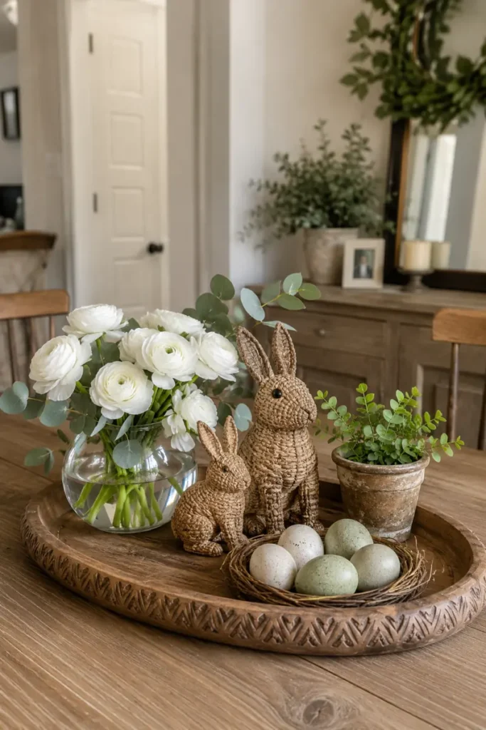 Spring tray with woven rabbits, decorative eggs, white flowers, and a small potted plant.