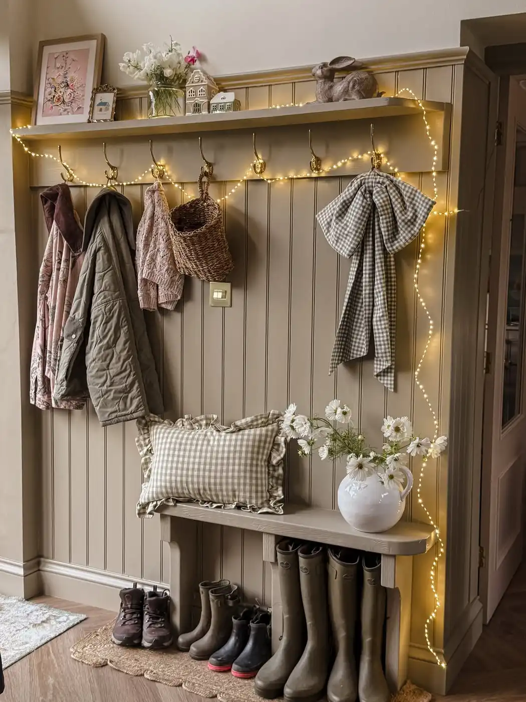 Narrow entryway with wall hooks, wooden bench, shoe storage underneath, and shelf above
