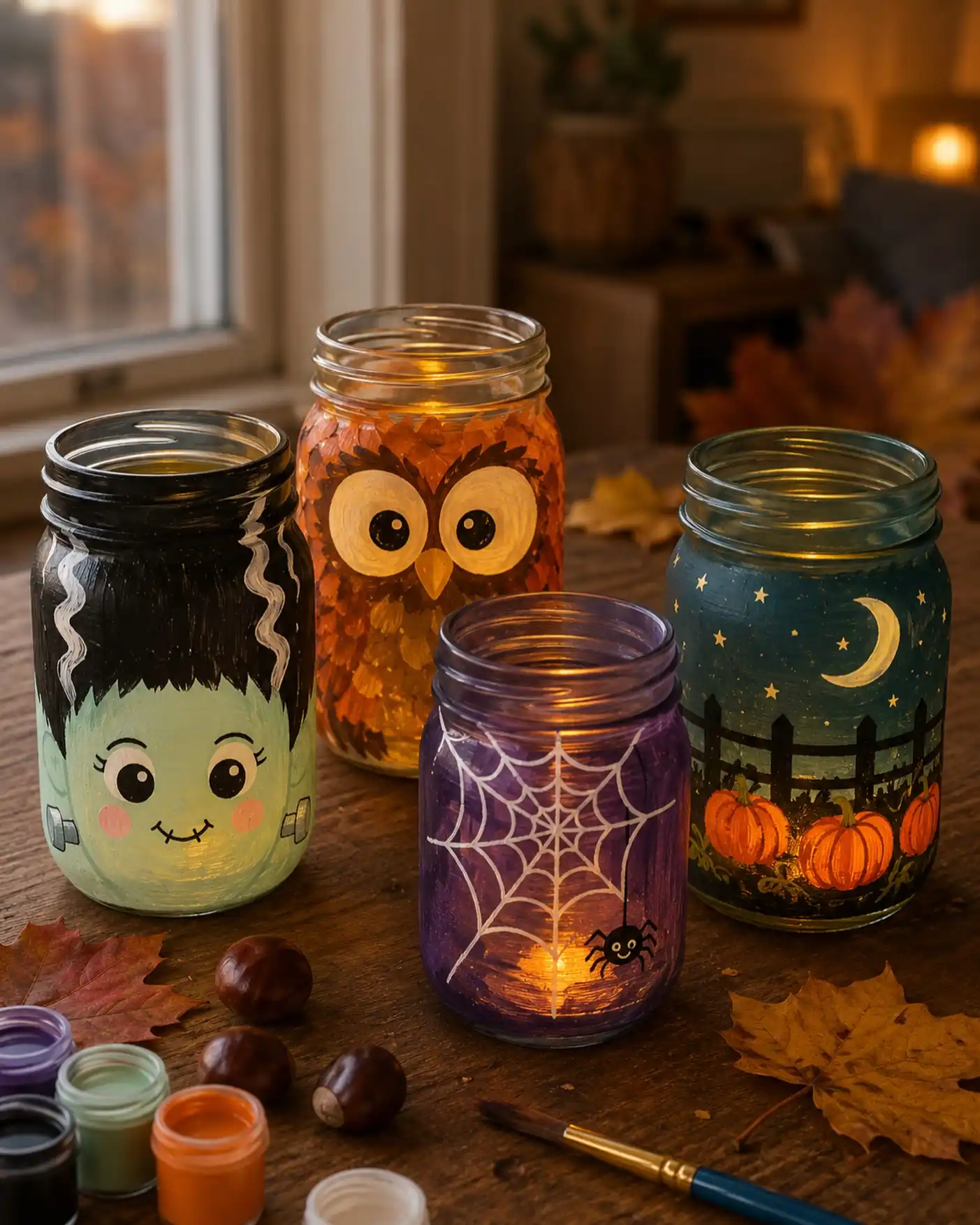 Hand painted mason jar lanterns with playful characters, pumpkins, stars, and glowing lights inside