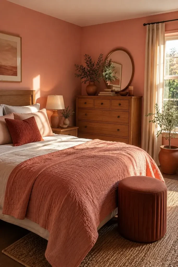 Warm coral bedroom layered with terracotta bedding, rust accents, natural wood furniture, and greenery.