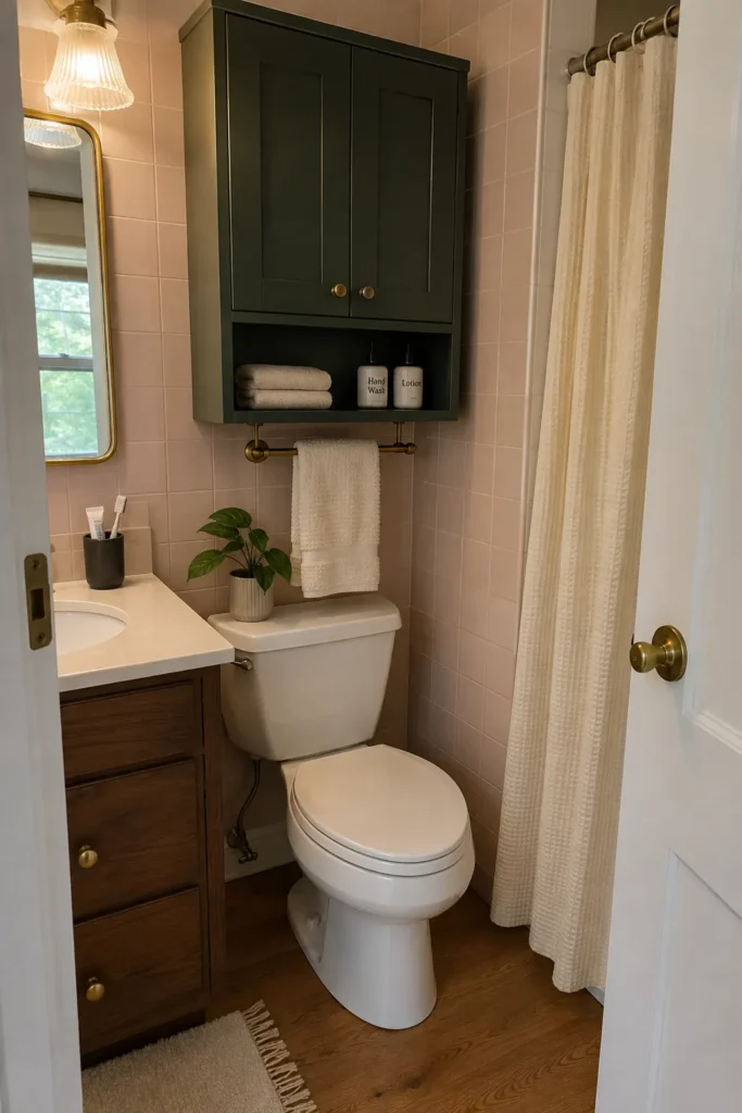 Dark green cabinet above a toilet with open cubby, folded towels, toiletries and brass towel rail