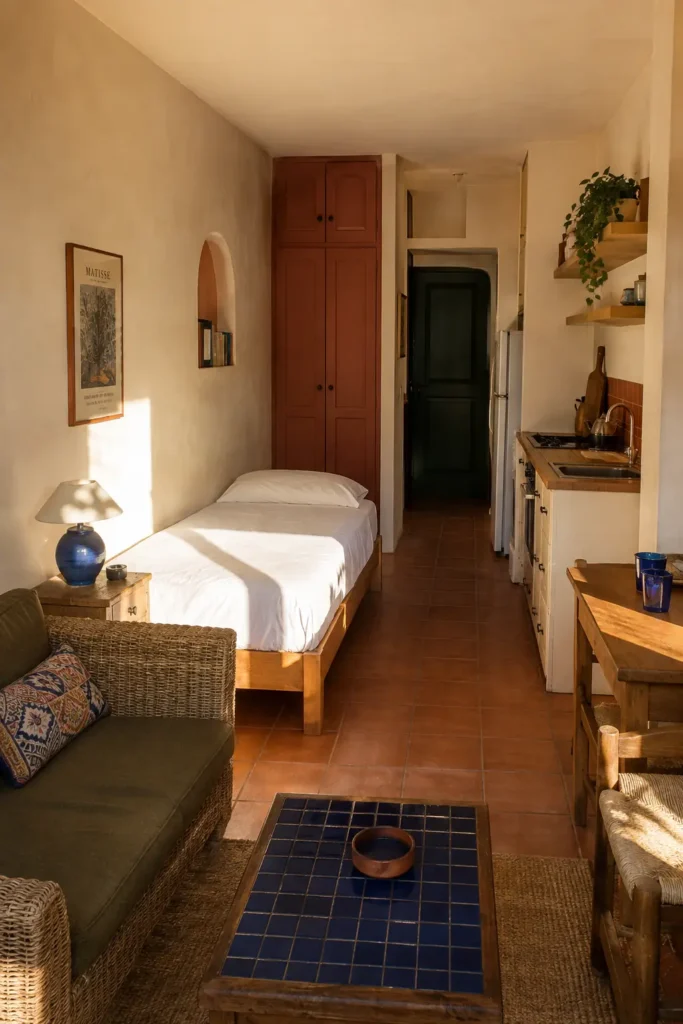 Narrow studio apartment with the bed and kitchen placed along opposite walls to keep the center walkway open.