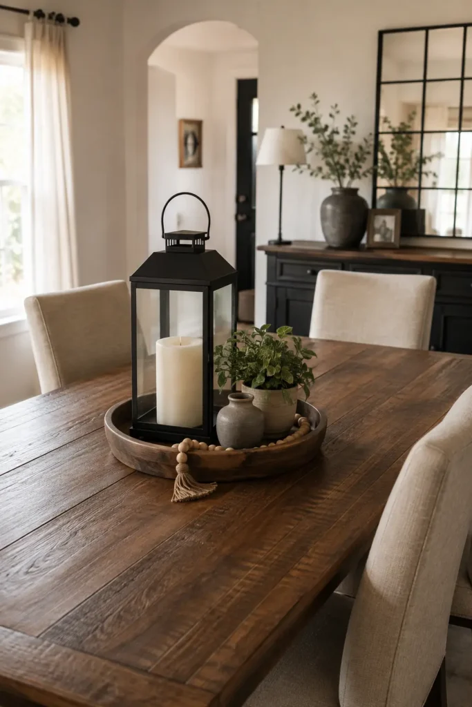 Black lantern with a cream pillar candle, potted greenery, pottery vase, and wooden beads on a round tray.
