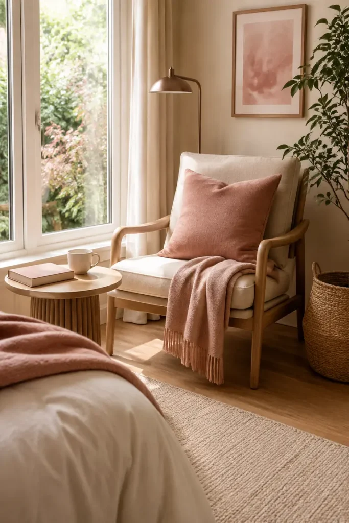 Rose pink reading chair beside a sunny window with plants and a side table.