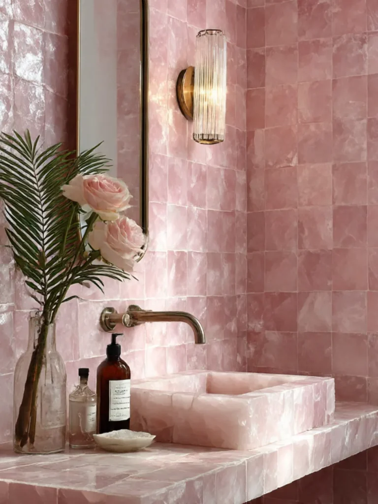 Pink tiled bathroom counter with matching sink, pale roses in a clear vase, amber bottles, green leaves, and a small dish.