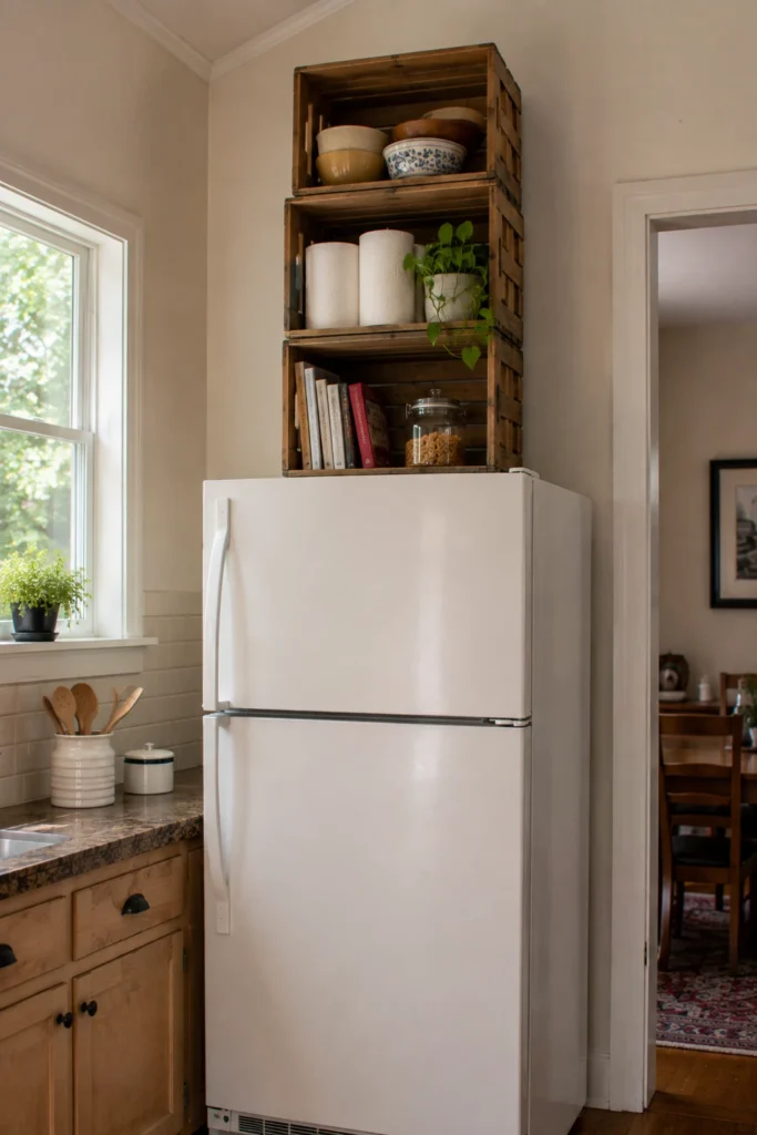 Refrigerator topped with stacked wooden crates holding bowls, paper towels, cookbooks, pantry goods, and greenery.