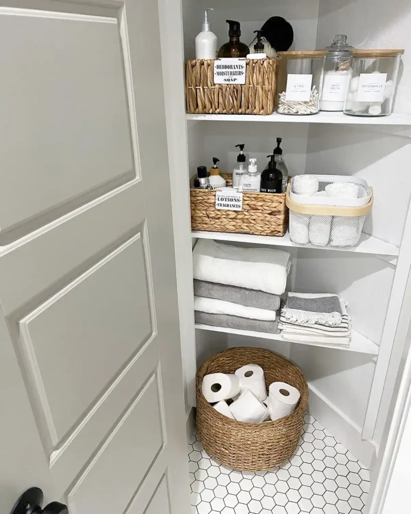 Small bathroom closet with baskets of toiletries, glass jars, folded towels, and a large woven basket for toilet paper.